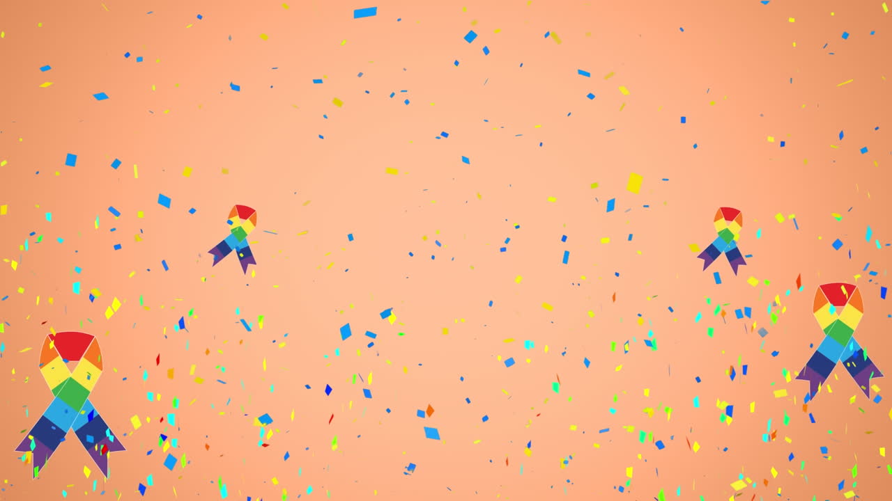 animación de confeti, lgtbq y cintas arco iris sobre un fondo naranja