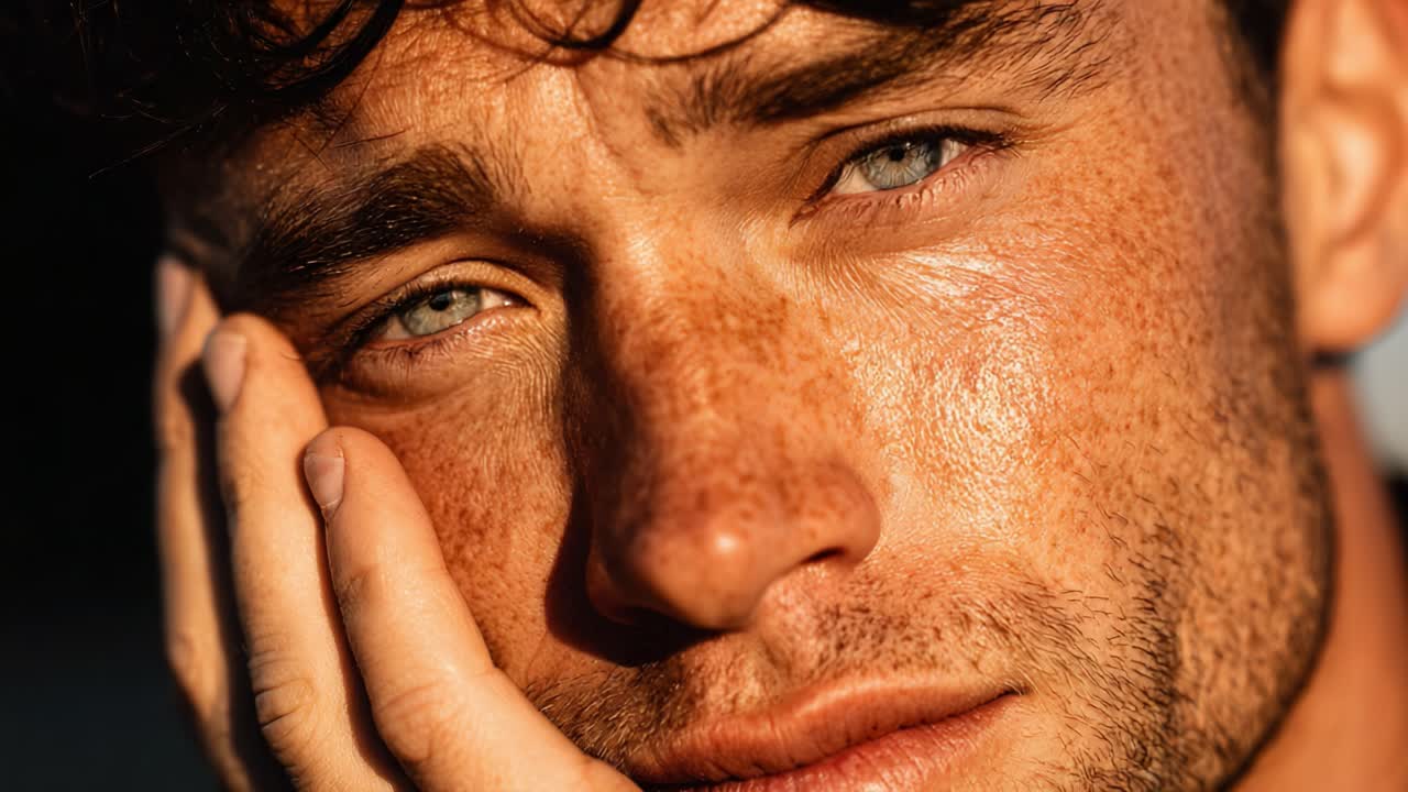 A Captivating Close-Up of a Thoughtful Young Adult with Striking Blue Eyes and Freckles, Reflecting a Moment of Introspection in Natural Light