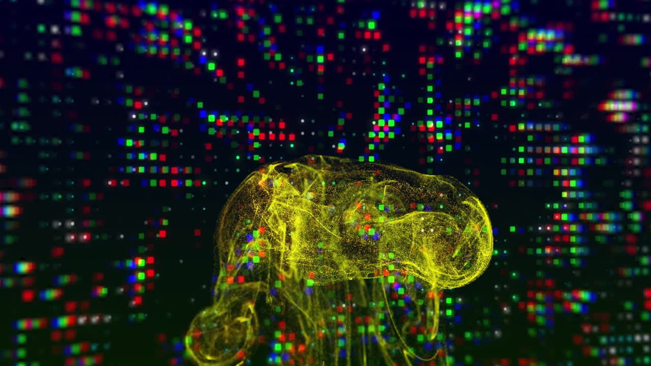 Neon yellow jellyfish animation over colorful pixelated digital background