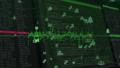 animation of illuminated soundwaves, connected multiple icons over screen with computer language