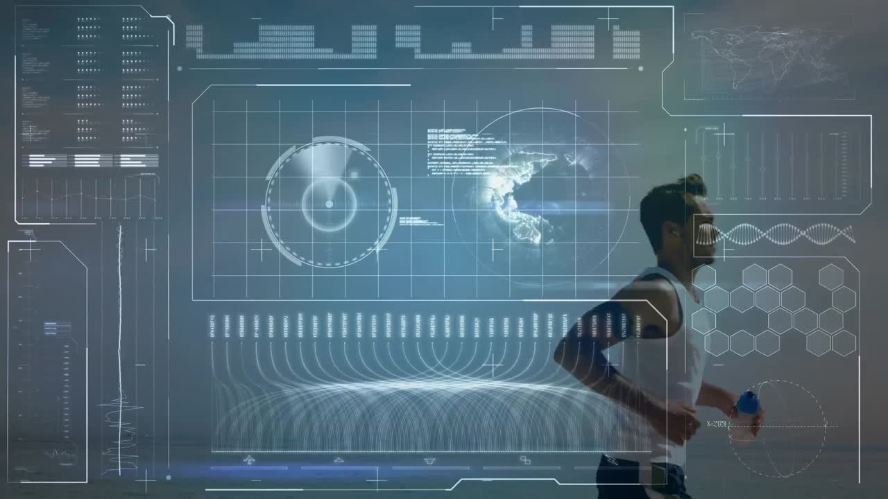 animación del procesamiento de datos sobre el hombre apto corriendo