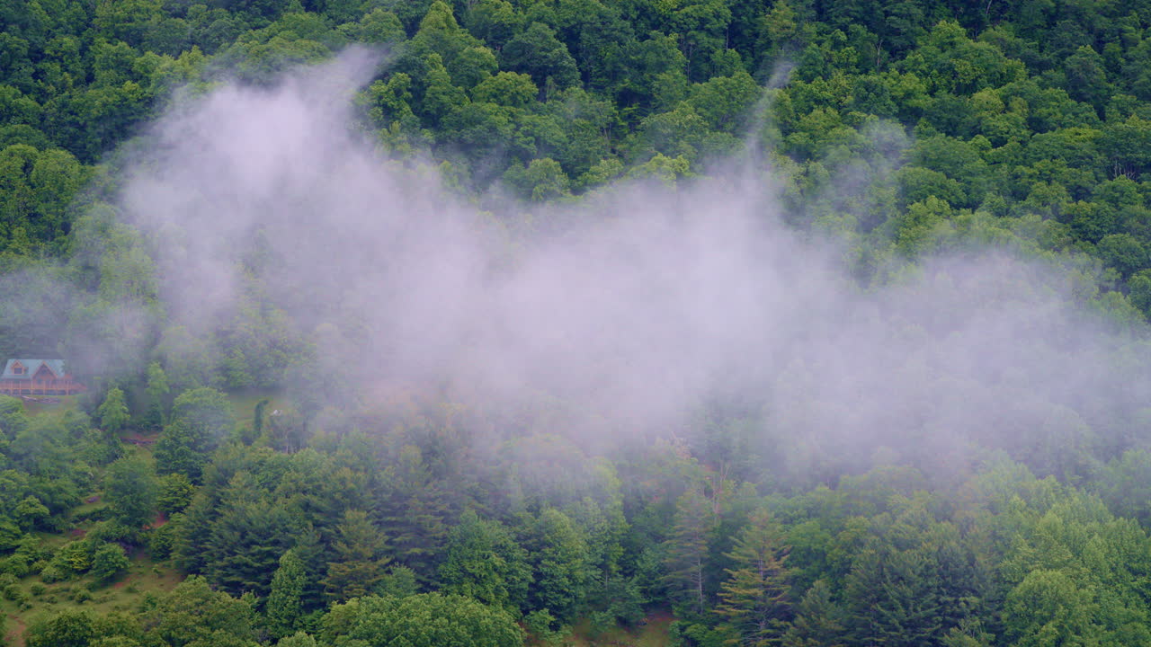 Cinematic aerial sweep across a valley softened by thick morning mist