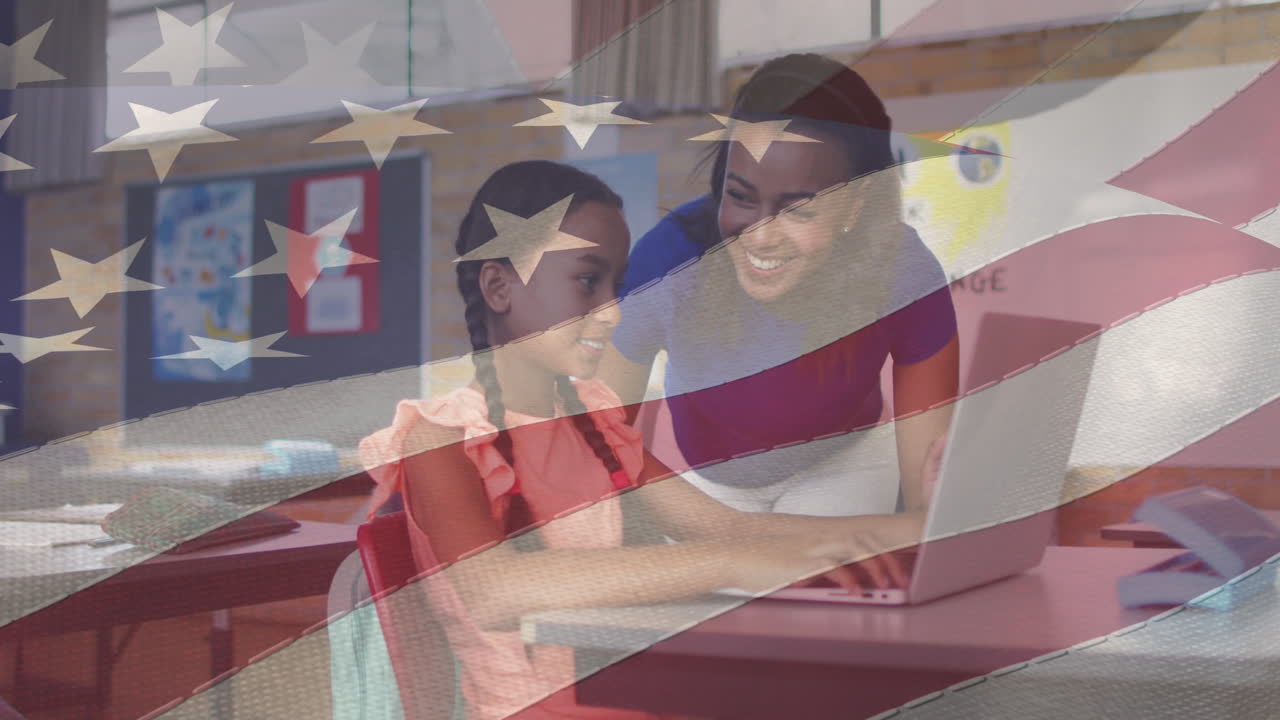 animación de la bandera de los estados unidos de américa sobre diversas maestras y niñas que usan computadora portátil