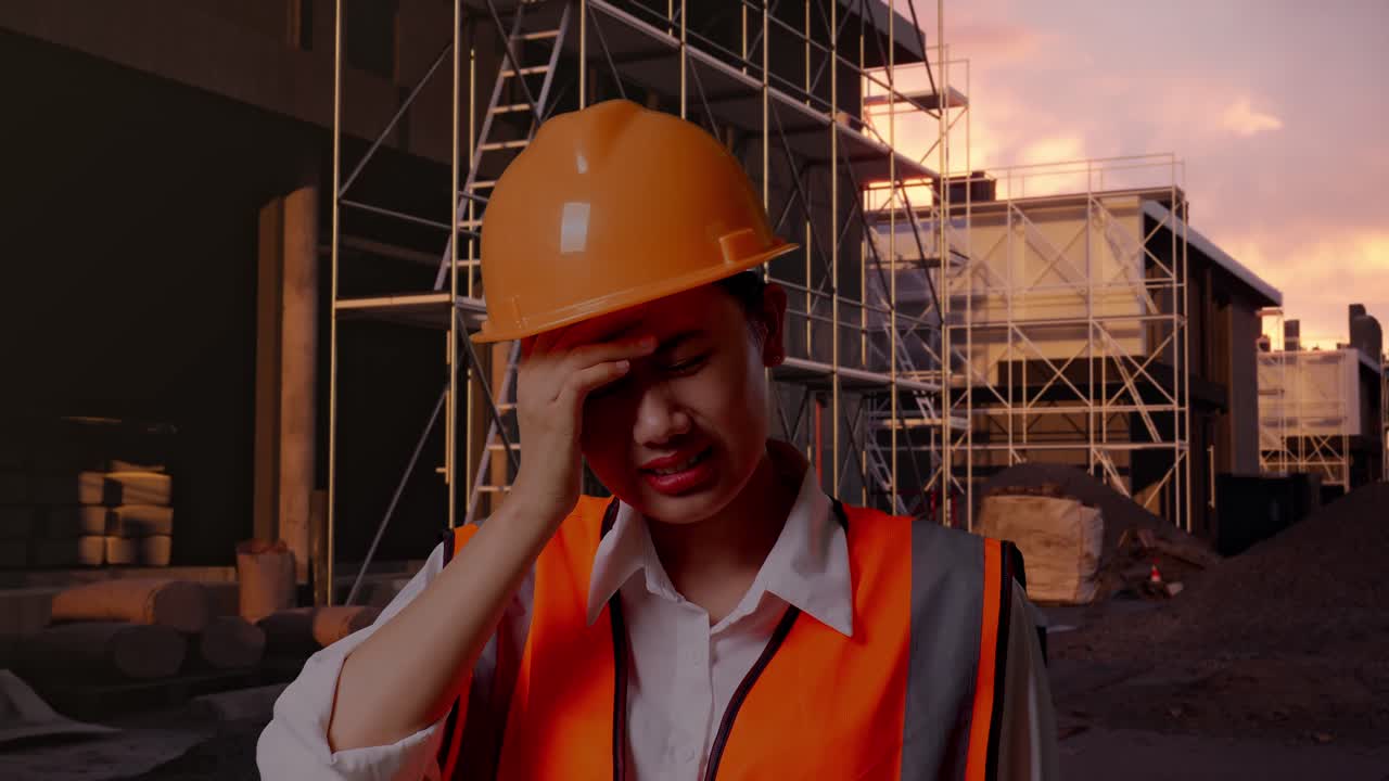 Nærbillede af asiatisk kvindelig ingeniør med sikkerhedshjelm, der har hovedpine, mens hun arbejder på en byggeplads med et nyt hus under opførelse