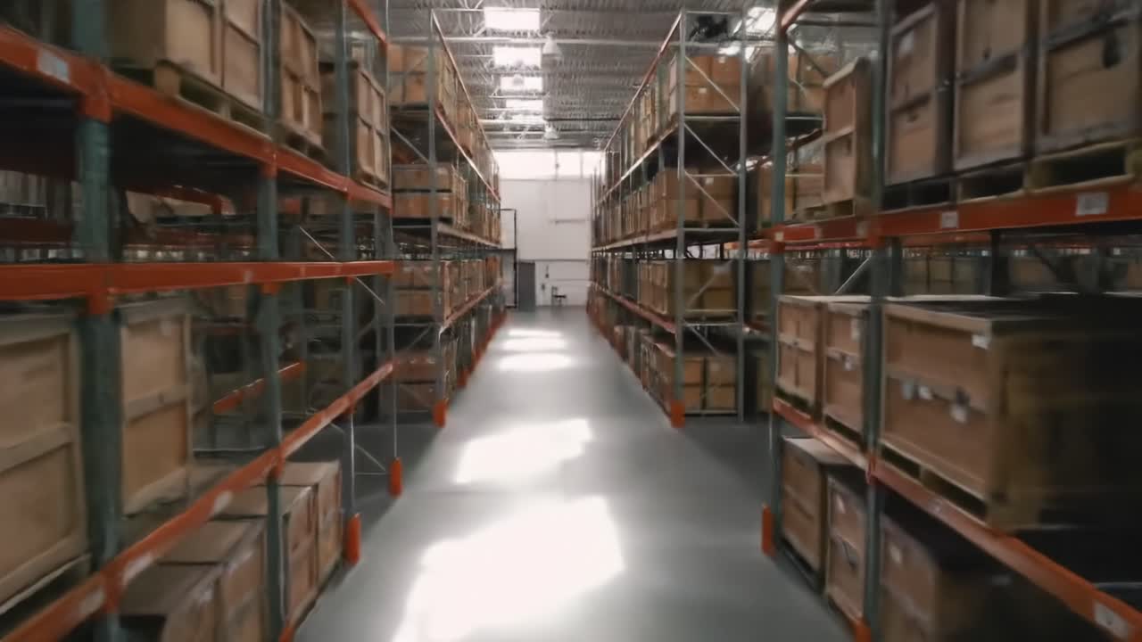 An Inside Look at a Modern Warehouse: A Journey Through the Aisles of Organized Storage with Rows of Wooden Crates Against Bright Illumination