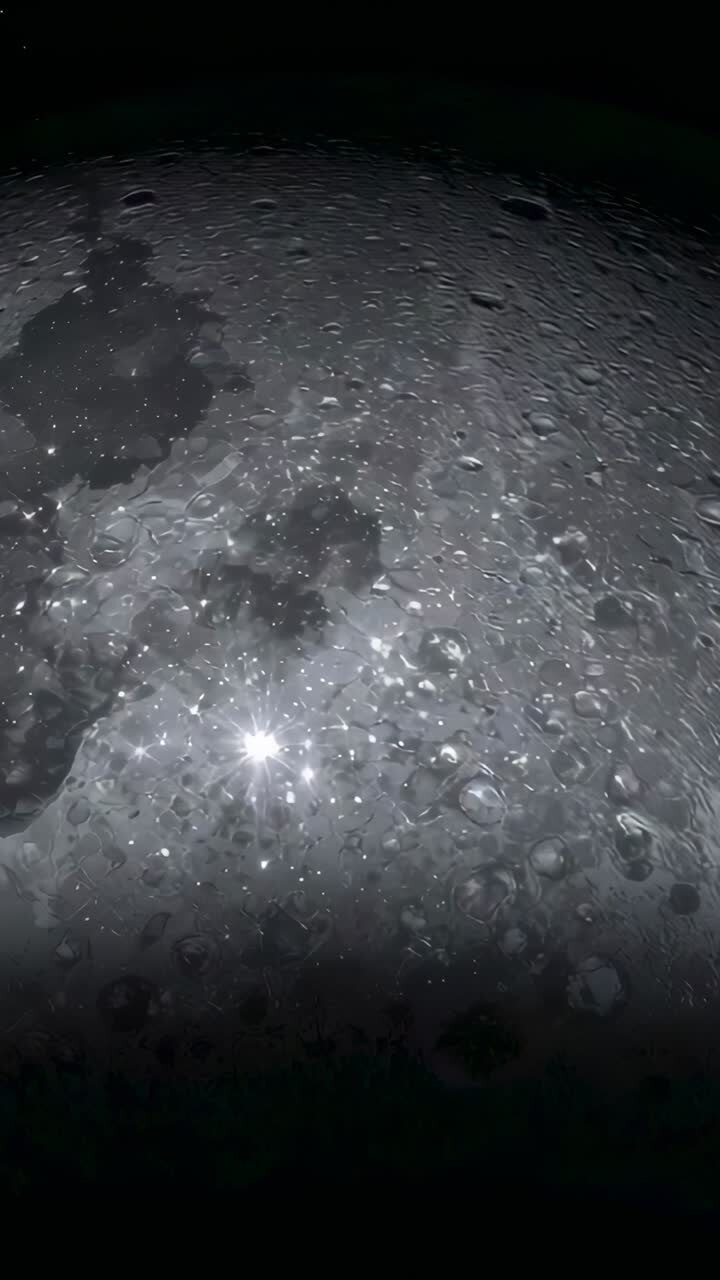 Vídeo vertical: orbitador panorâmico sobre a lua cheia de crateras, manchas de mares após leve desvio, mostrando brilho