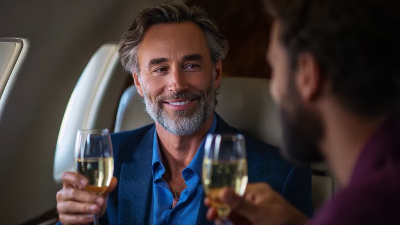 Una gioiosa celebrazione dell'amicizia e del successo: due uomini che brindano con champagne in un jet privato di lusso, catturando momenti di gioia e connessione durante il loro viaggio esclusivo insieme