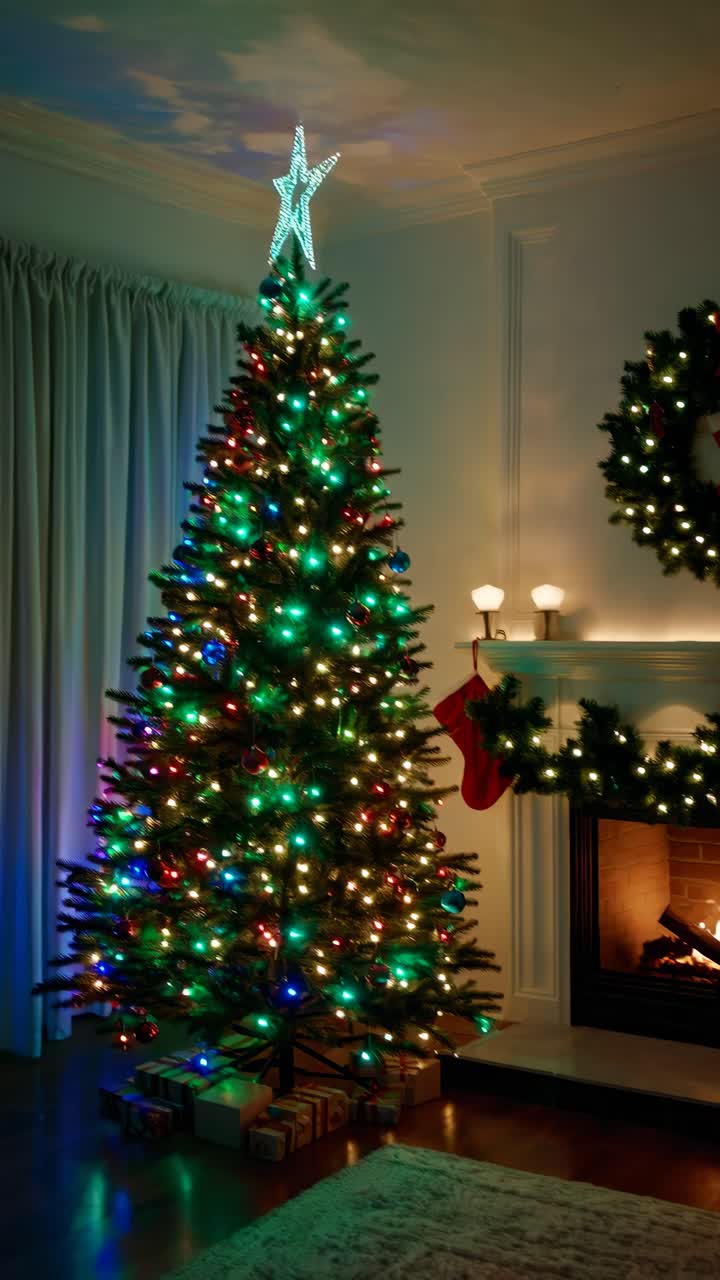 Cozy holiday scene with a decorated Christmas tree and fireplace, captured from a wide-angle view