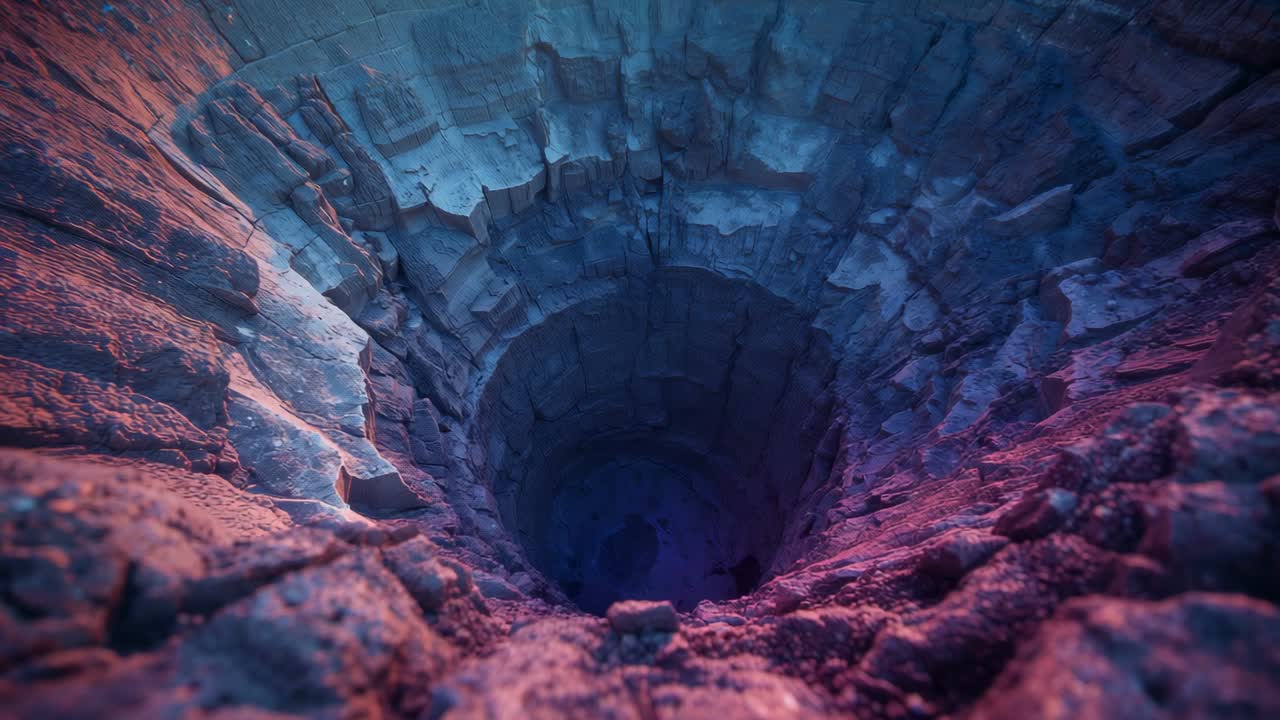 Starting orbit camera showing stone-lined pit with patterned walls shifting colored lights