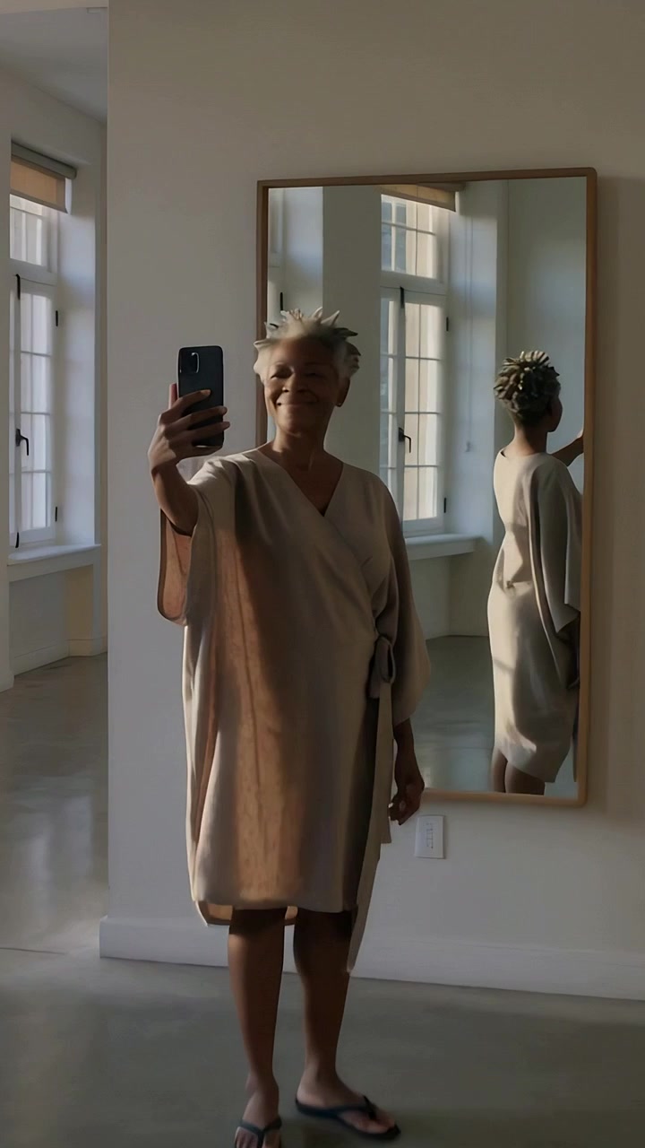 Video verticale: Donna anziana che si avvicina, alzando il telefono per un selfie in un loft, in vestaglia e sandali.