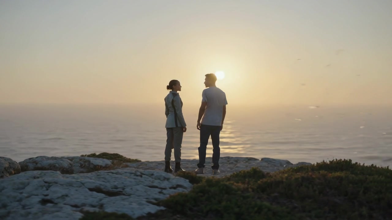 Standing couple turning toward each other as sun lowering over ocean on rocky cliff, wearing jacket