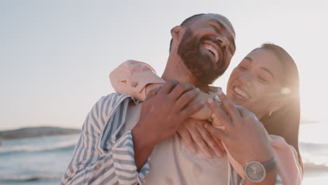 couple, hug and love at beach outdoor