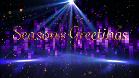 animation of seasons greetings text over light trails at party