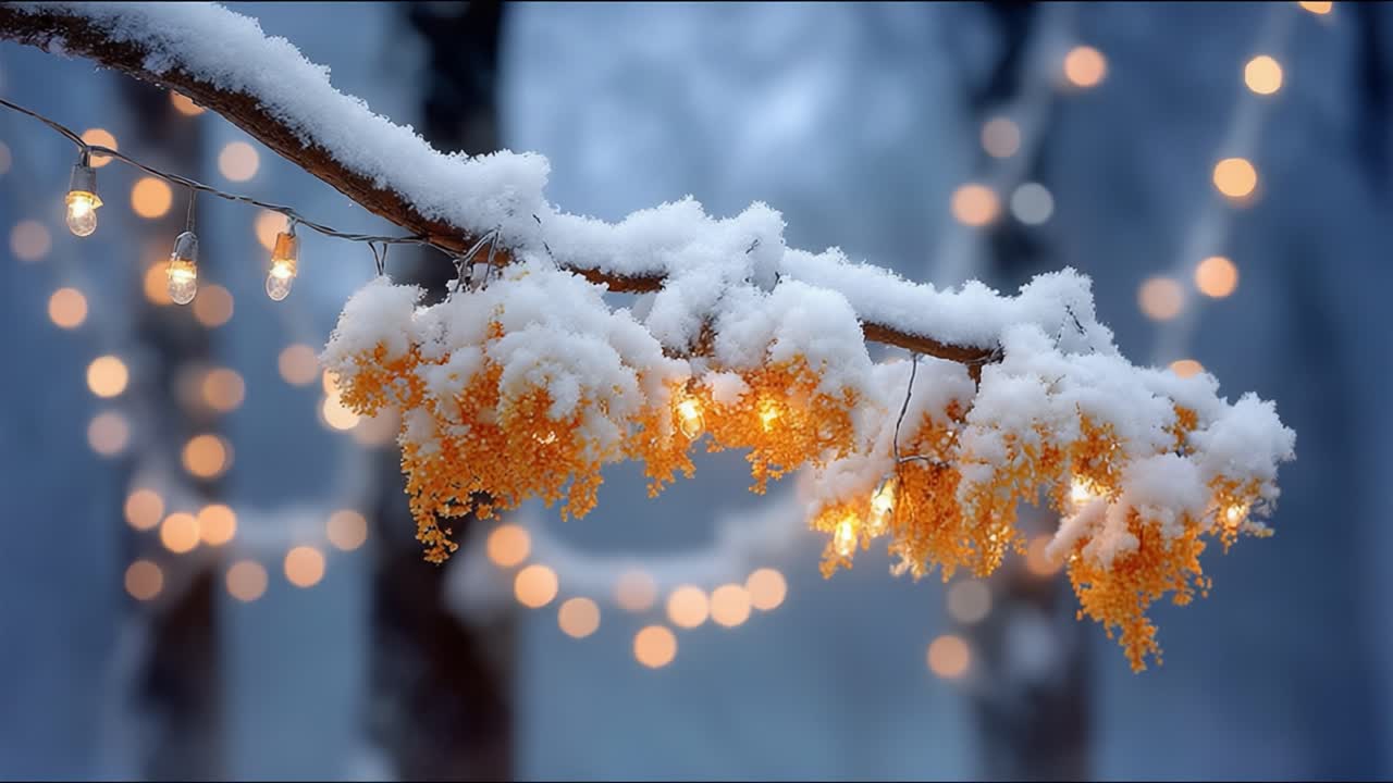 A Captivating Winter Scene Featuring Snow-Covered Branches Adorned with Golden Lights, Creating a Magical Atmosphere Amidst a Beautiful Snowy Landscape