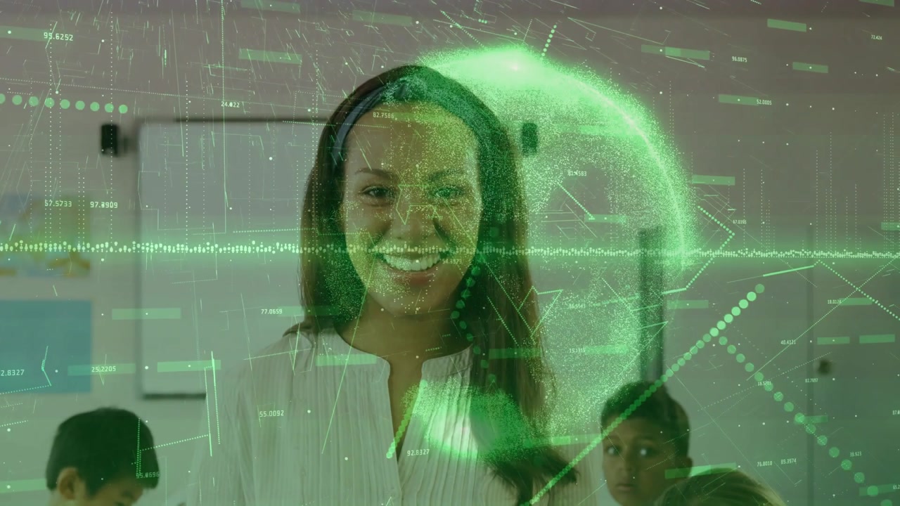 Teacher holding tablet and tapping, creating green waveform drifting over class and teaching kids
