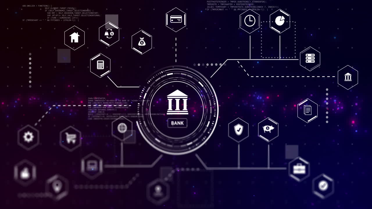 Digital network showing banking technology icons connected in animation background