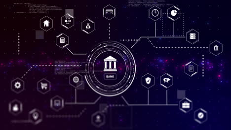digital network showing banking technology icons connected in animation background