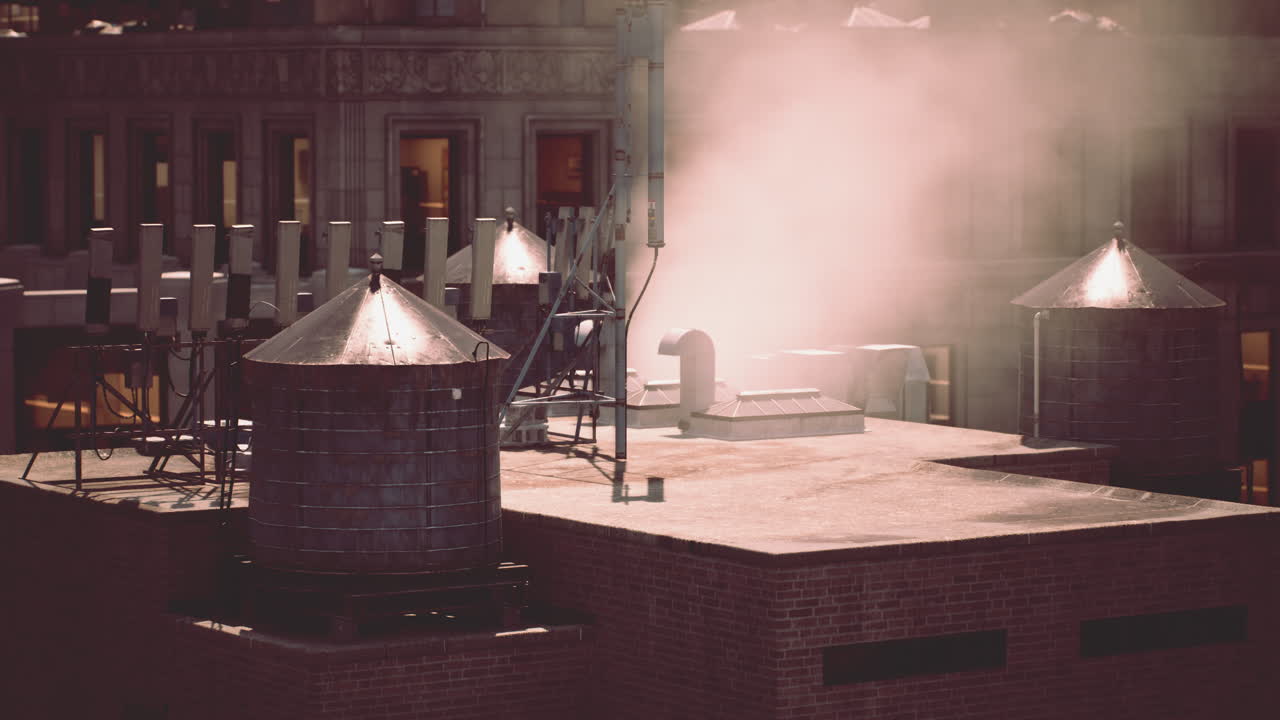 뉴욕의 지붕 위에 있는 오래된 물탑