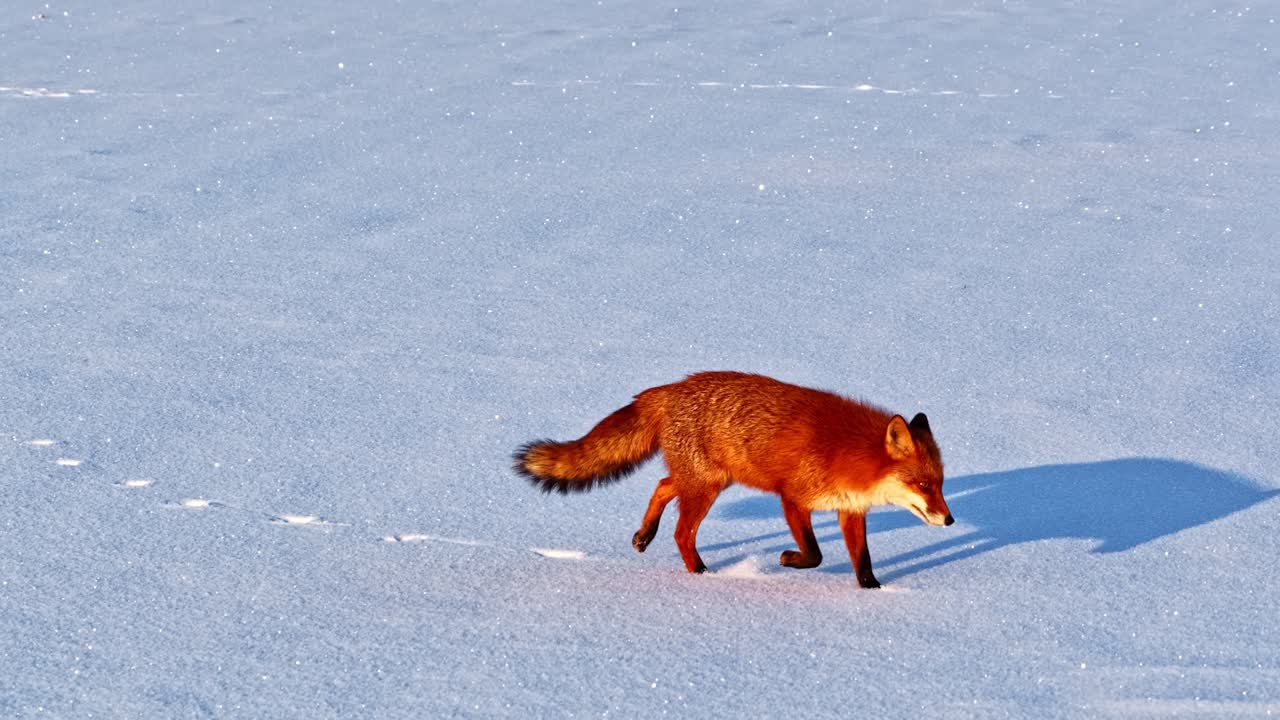 Uma raposa vermelha atravessa um campo ensolarado coberto de neve, deixando rastros tênues para trás - Plano de rastreamento