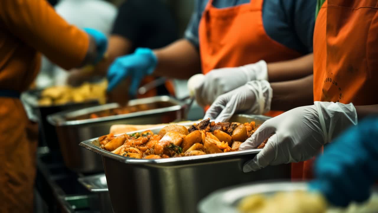 Close-up video frame of gloved hands serving food in a kitchen