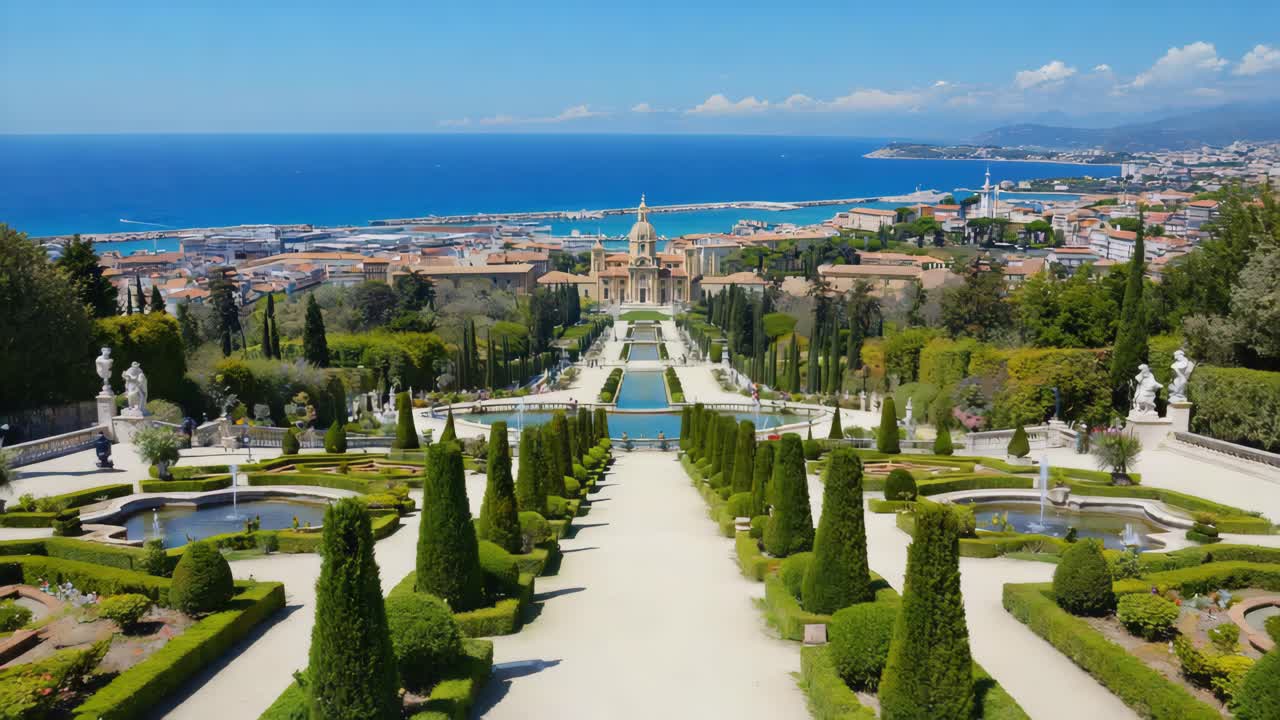 A grand formal garden overlooking a coastal city and the Mediterranean Sea