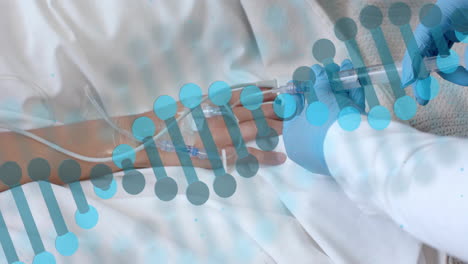 Animation-of-dna-strand-over-diverse-male-doctor-and-patient-in-hospital