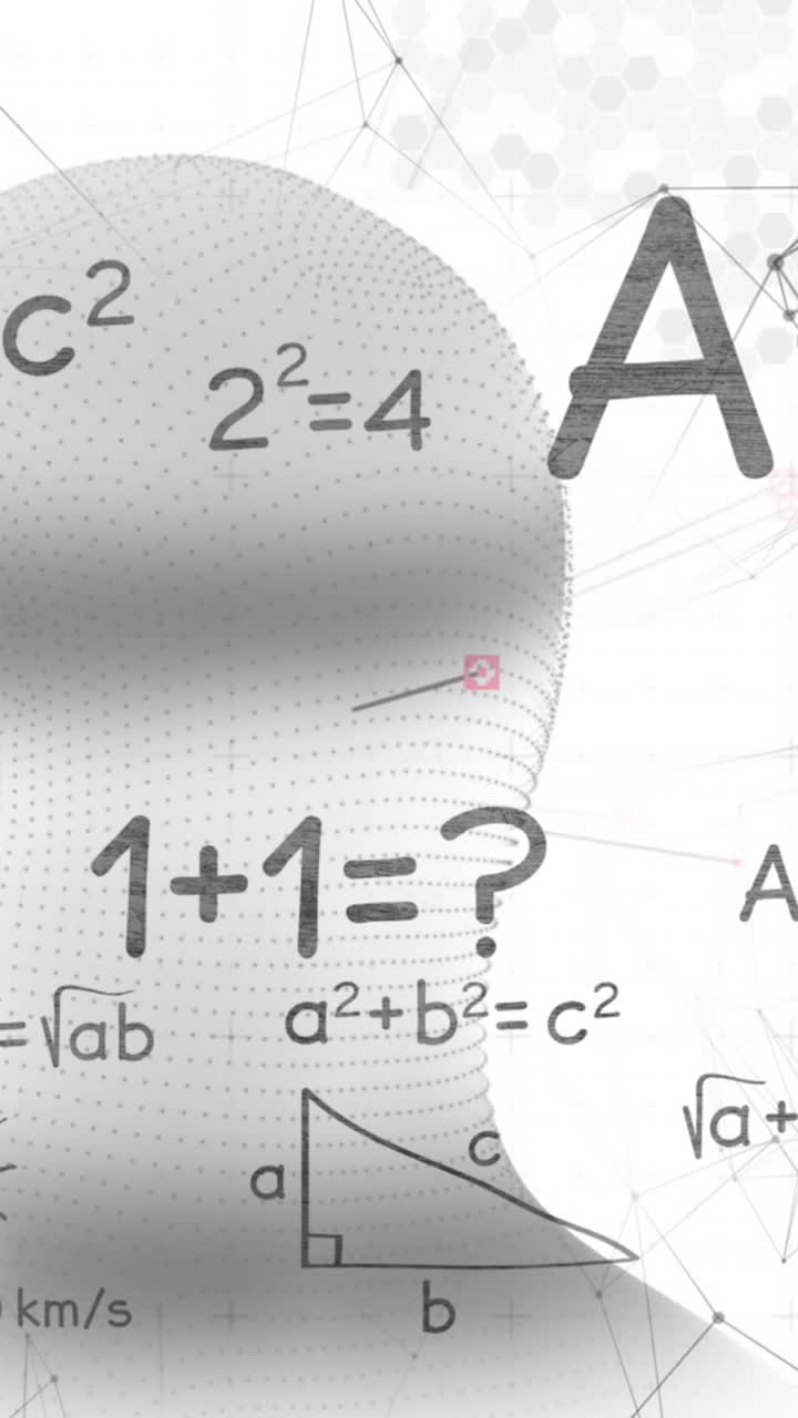 animación de la cabeza digital y las ecuaciones matemáticas sobre fondo blanco