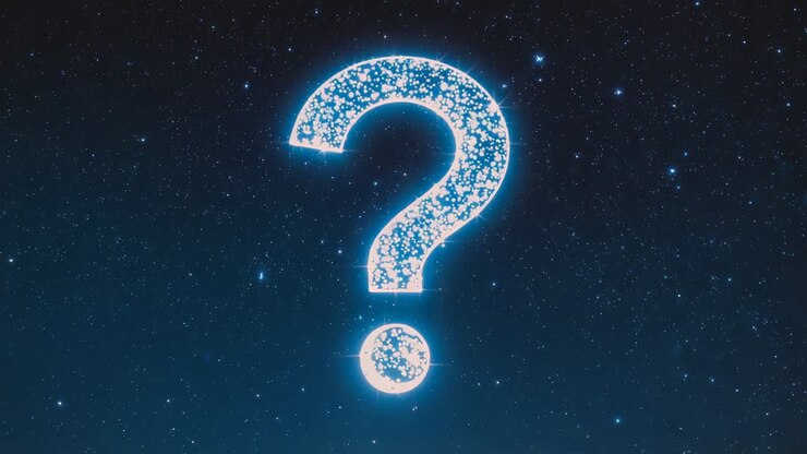 Converging spark particles forming glowing question mark in deep space, with pulsing star field