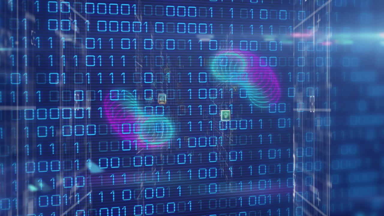 Animation of data processing with shapes and icons on black background