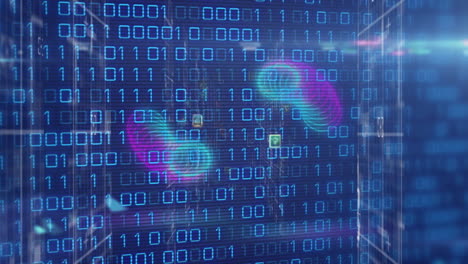 animación del procesamiento de datos con formas e iconos sobre fondo negro
