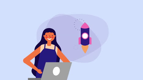 una mujer joven con una computadora portátil y un cohete.