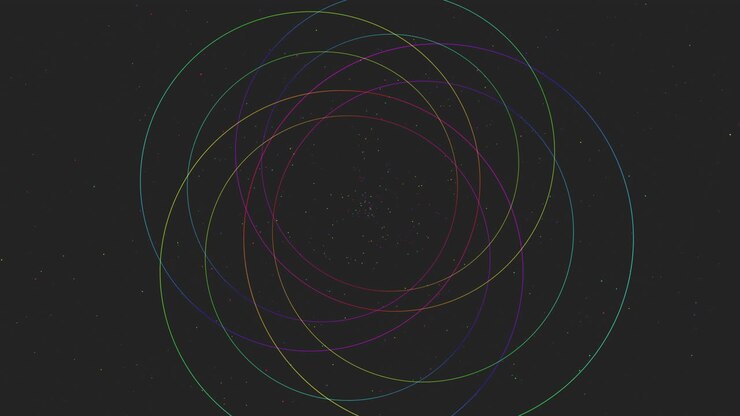 Vibrant circles arranged in a mesmerizing spiral formation against a dark backdrop. Gradually shifting in size and color, the circles create a visually captivating and ethereal spectacle