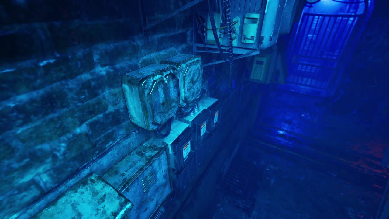 un callejón oscuro y sucio con luz azul