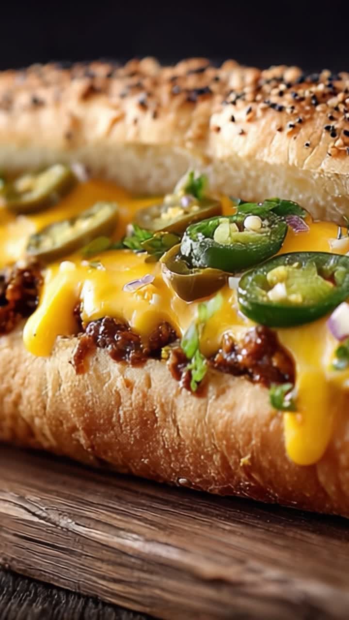 Un hot dog deliziosamente formaggioso e piccante, carico di jalapeños, cipolle e formaggio fuso che cola su un panino morbido, perfetto per qualsiasi pasto o spuntino.