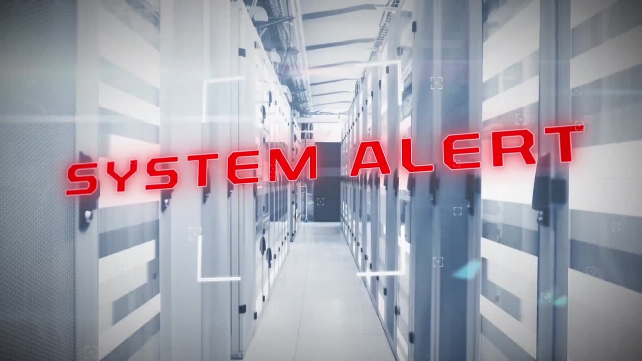 Animation of scope scanning over system alert text banner and light trails against server room