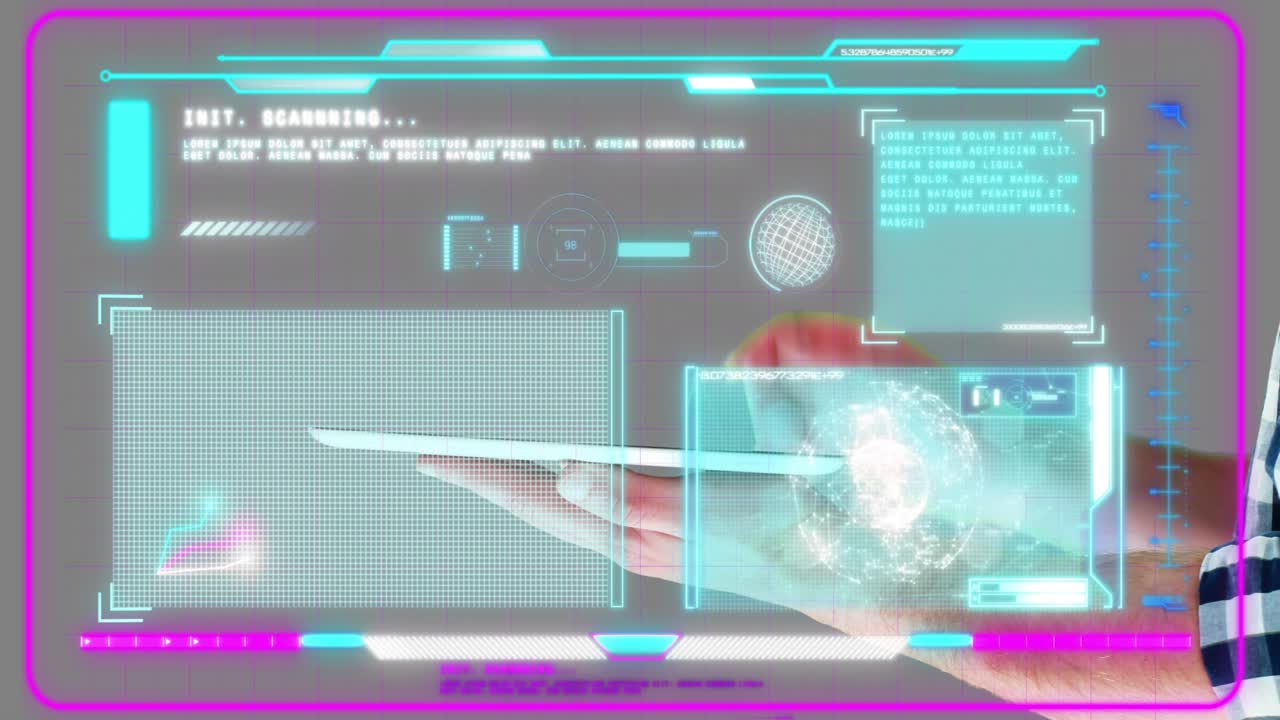 Tablet, probe showing handheld scan, HUD INIT, SCANNING initiating globe scanning, collecting data