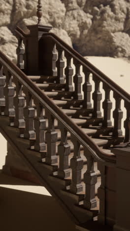 a grand wooden staircase with ornate railings and a stone base.