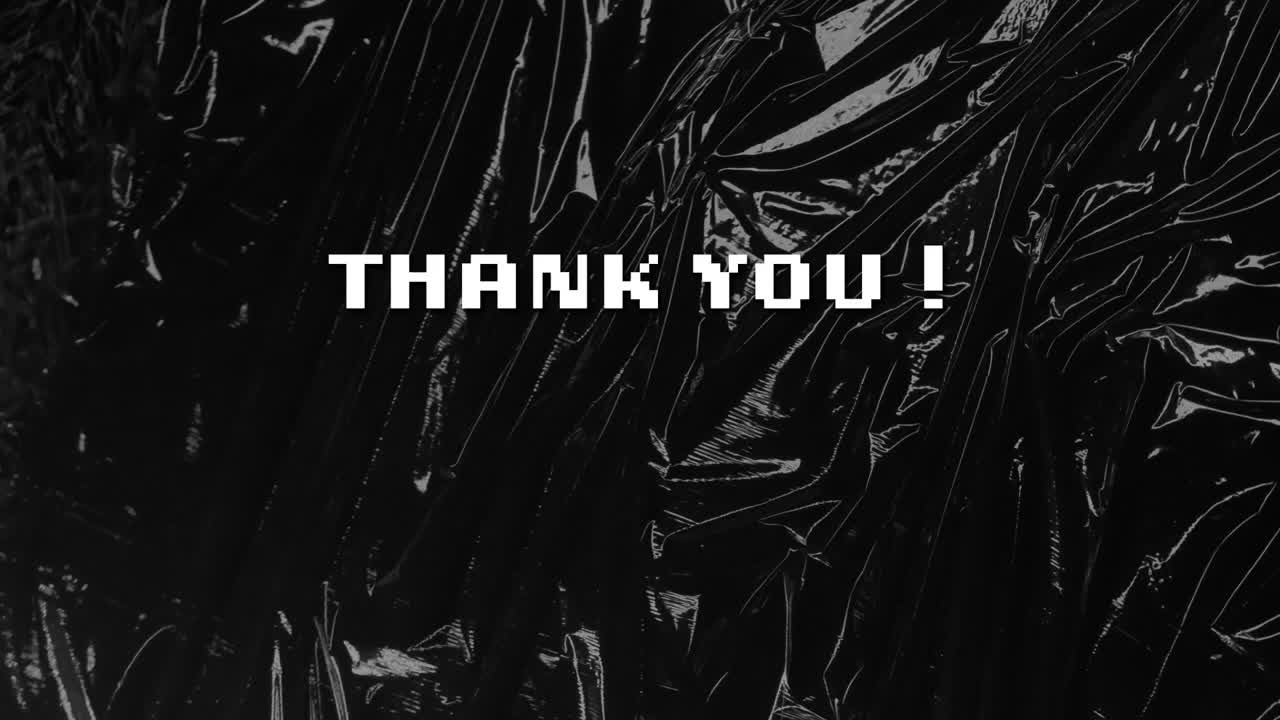 Animation of thank you text over black distressed pattern background