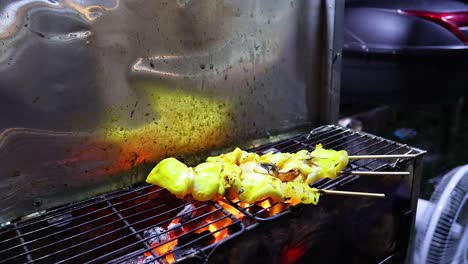 grilled squid skewers cooking over open flames