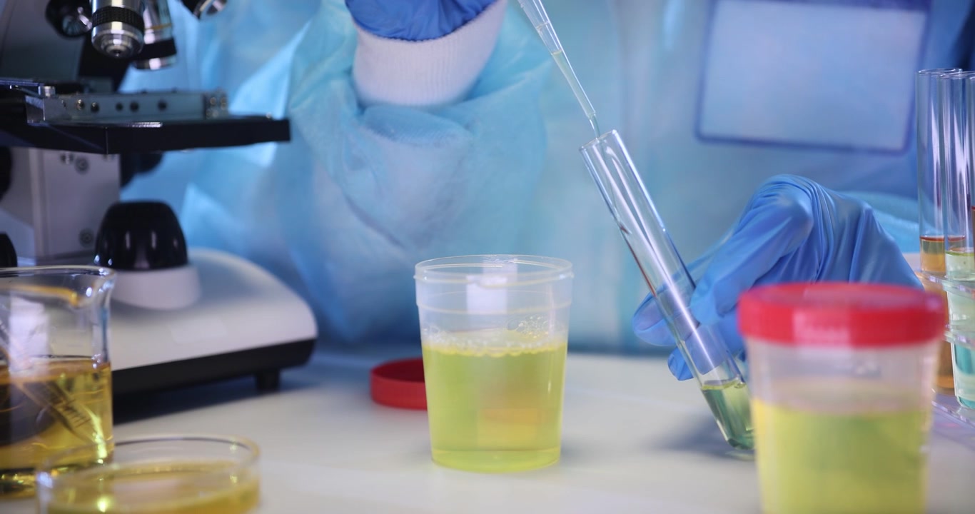 Healthcare worker takes urine sample from plastic flask for test