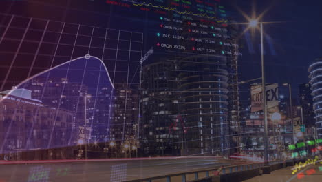 animation of financial data processing over cityscape