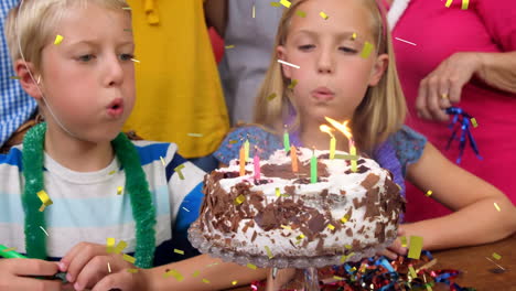 animação de confeti caindo sobre a família se divertindo na festa de aniversário