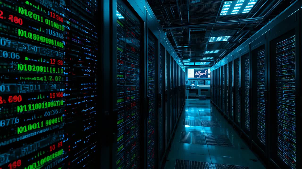 Loop starting camera gliding through server corridor, revealing LED racks and dual monitors