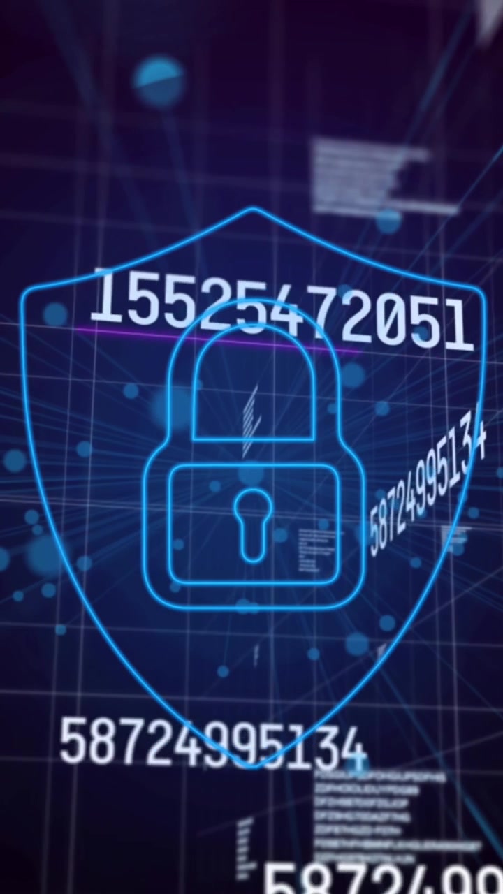 Animation of data processing and digital shield with padlock on black background