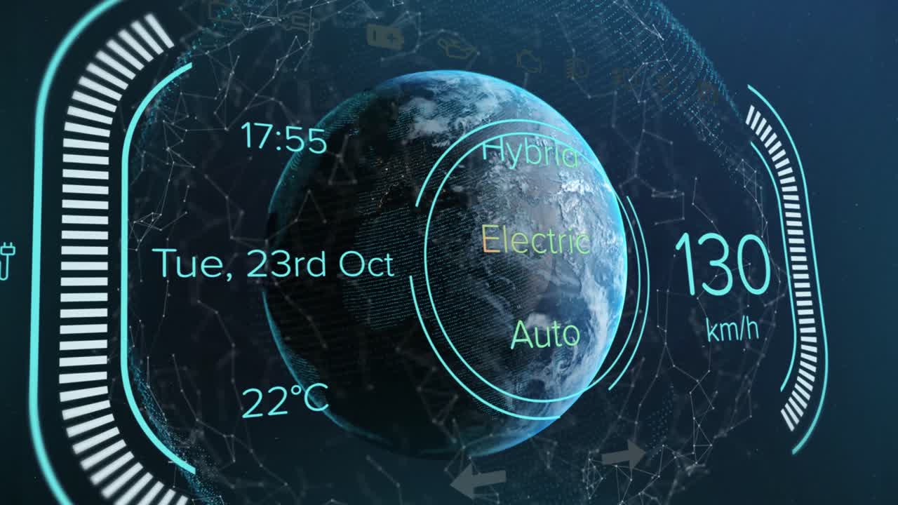Animation of car interface with data processing and network of connections over spinning globe