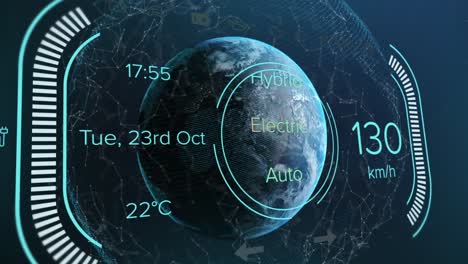 animation of car interface with data processing and network of connections over spinning globe