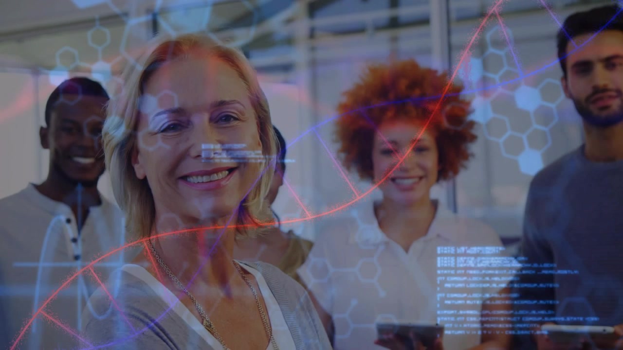 Front woman leading team presenting tech work camera tightening while code hex helix sweeping faces