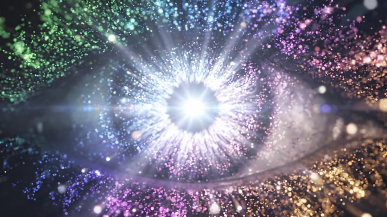 A Stunning Cosmic Eye: Captivating Visuals of a Vibrant, Sparkling Eye in a Galactic Background Surrounded by a Breathtaking Display of Colorful Starlight and Particles