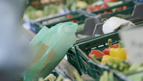 Primer-Plano-De-Una-Bolsa-De-Plástico-Con-Comestibles,-Coloridas-Verduras-Frescas-Al-Fondo-En-Un-Mercado