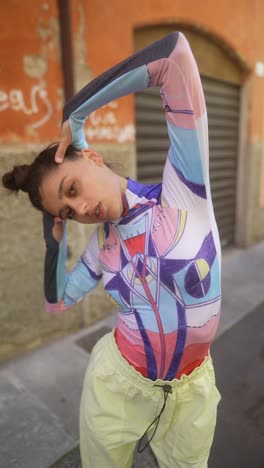 stylish woman in colorful streetwear